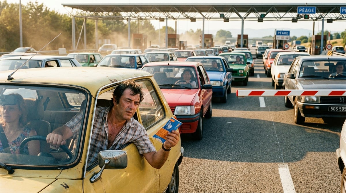 Embouteillage au péage d'autoroute dans les années 80
