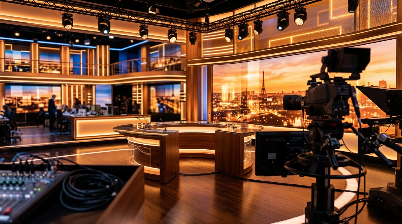 Plateau de journal télévisé vide aux lumières dorées
