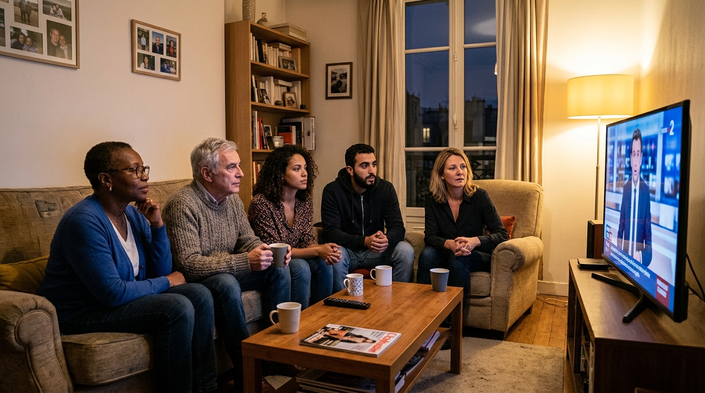Téléspectateurs suivant un journal télévisé chez eux