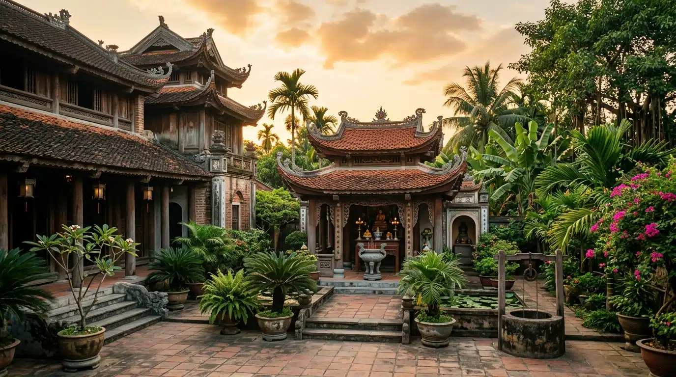Maison familiale vietnamienne avec temple bouddhiste dans la cour, années 1960