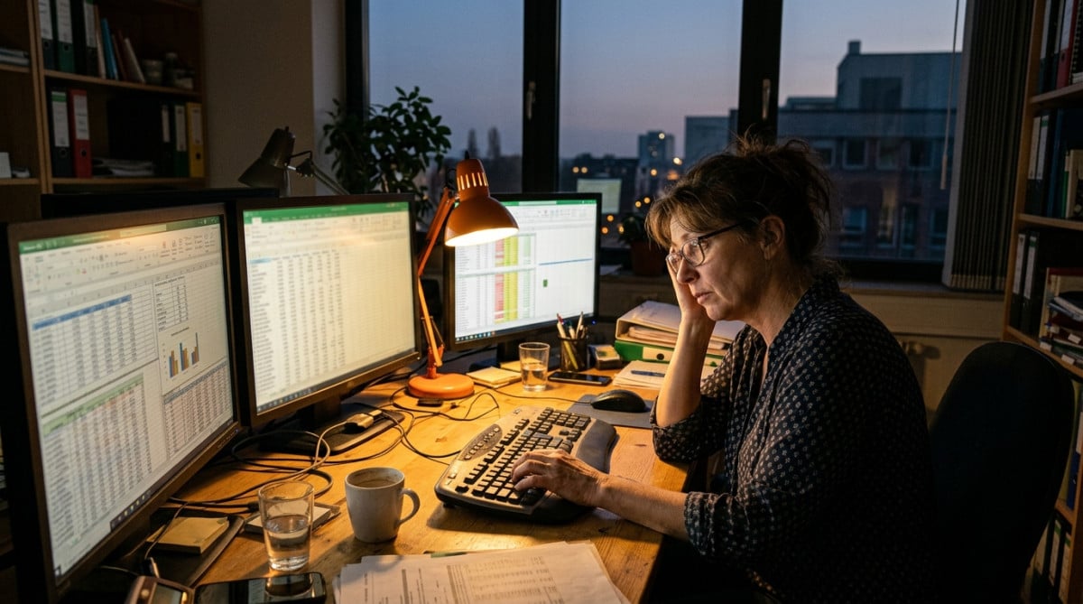Employé data entry devant écrans de tableurs le soir