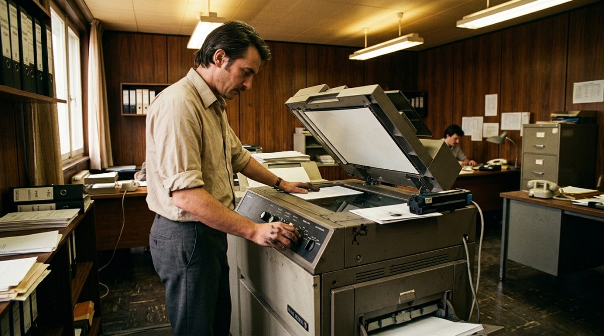 Employé de bureau devant un photocopieur des années 80