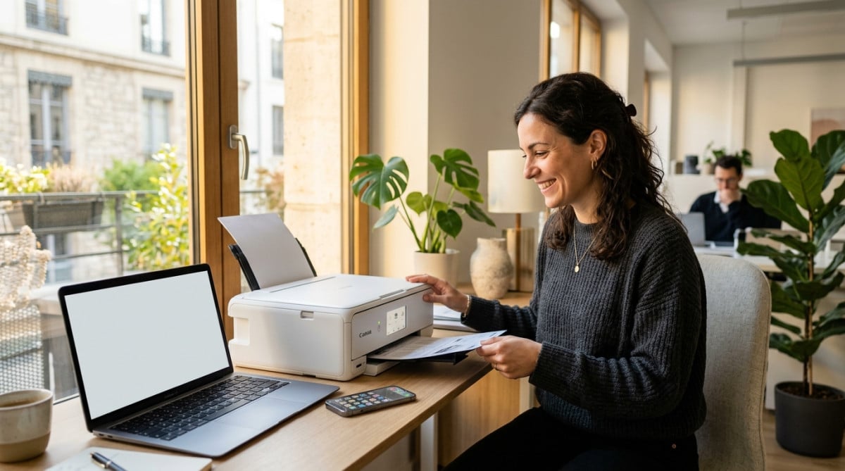 Employée utilisant une imprimante moderne compacte au bureau