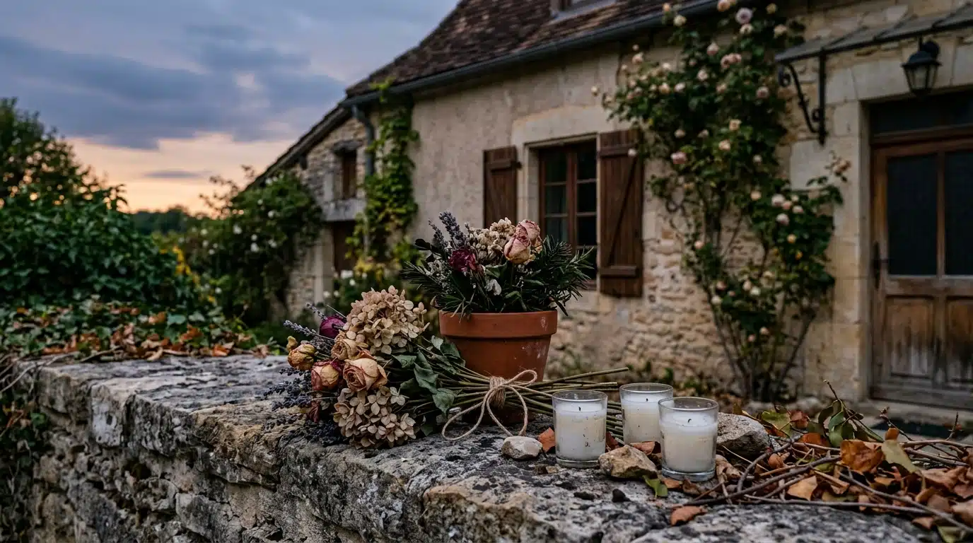 Bougies et fleurs fanées devant une maison au crépuscule