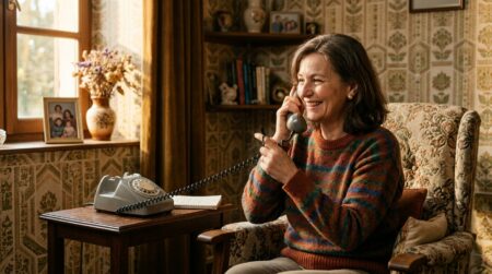 Femme souriante avec le fil spiralé du téléphone fixe