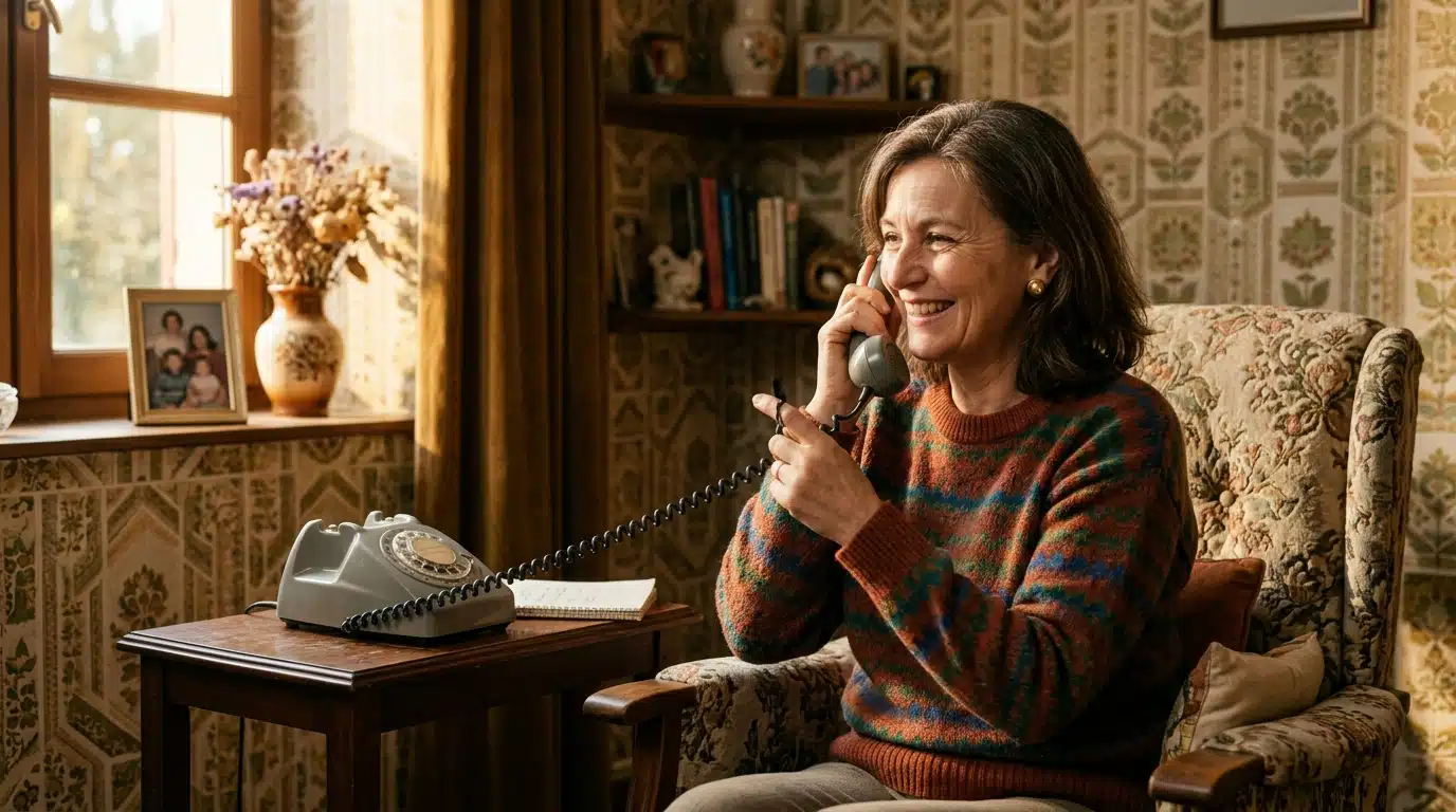 Femme souriante avec le fil spiralé du téléphone fixe