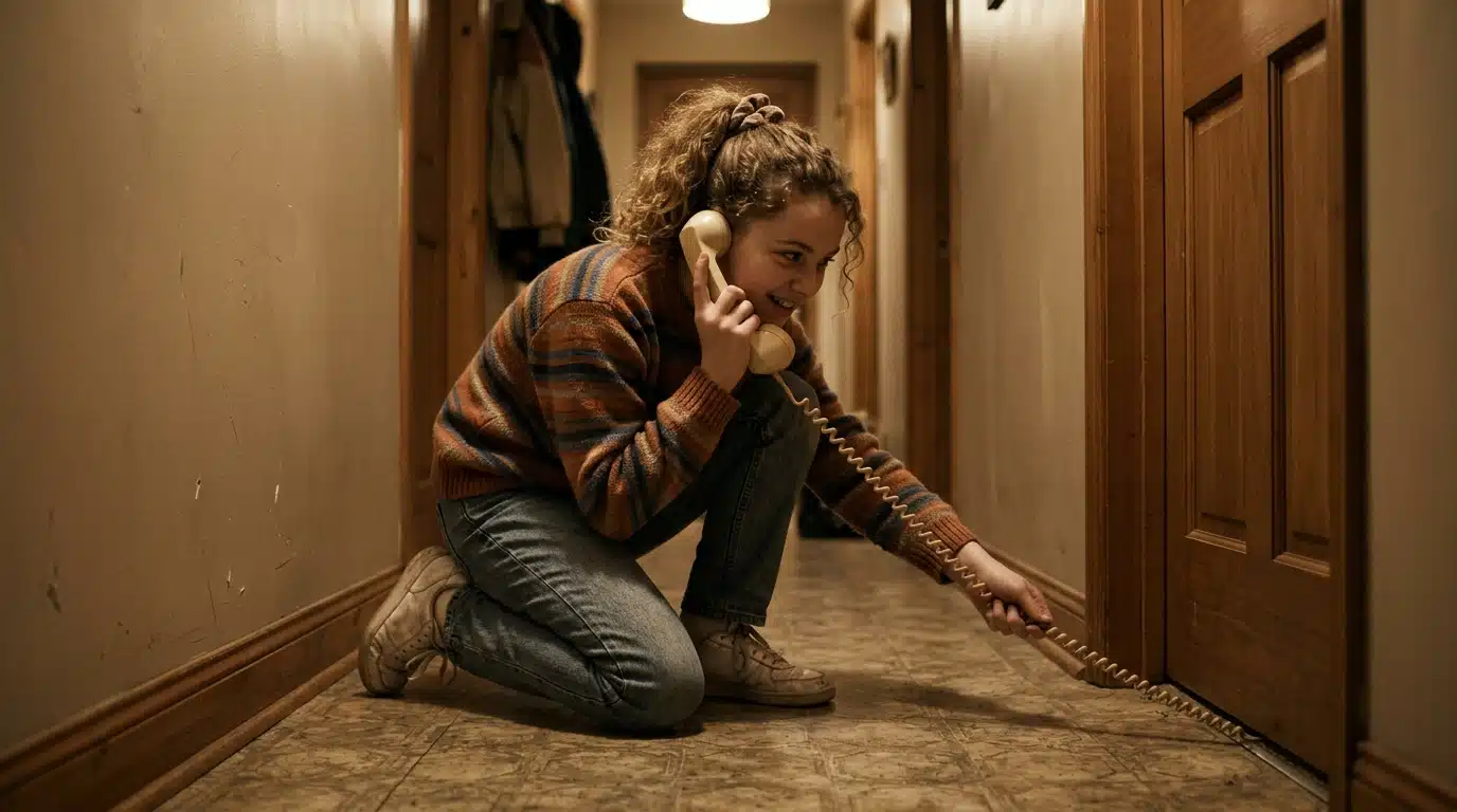 Adolescente téléphonant en cachette dans le couloir