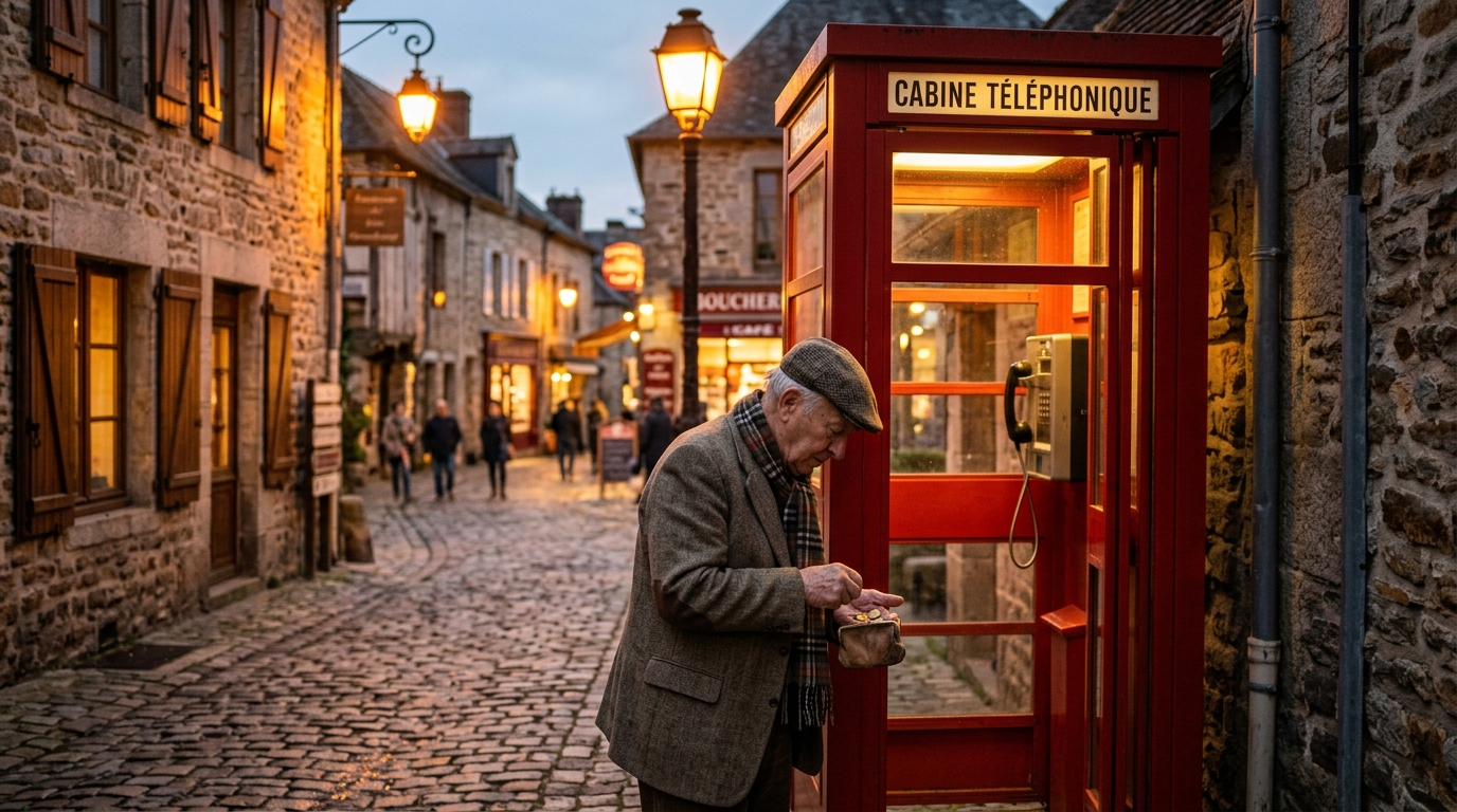 Cabine téléphonique rouge dans une rue de village au crépuscule