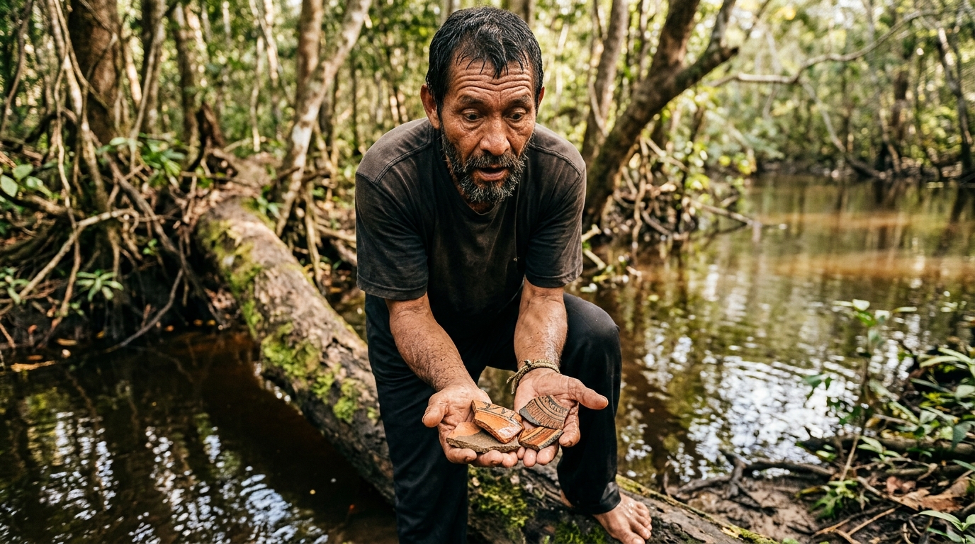 Pêcheur amazonien découvrant des fragments de poterie anciens