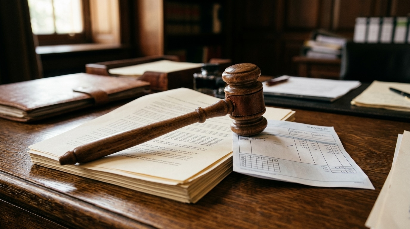 Marteau de justice posé sur des documents administratifs