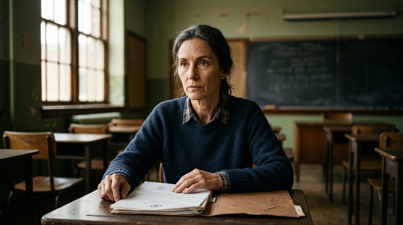 Femme assise seule dans une salle de classe vide