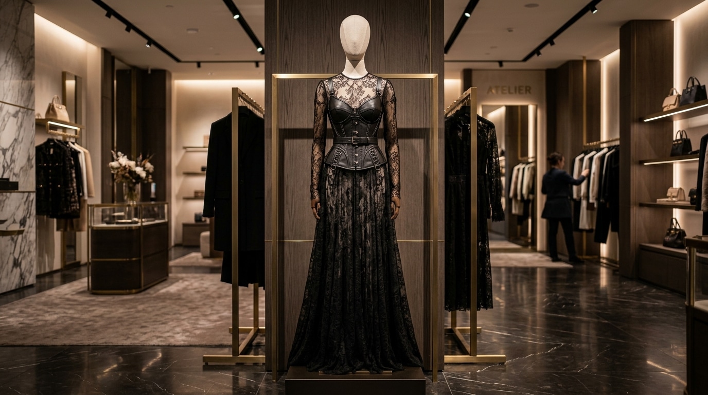 Corset en cuir noir et robe en dentelle dans une boutique de mode de luxe