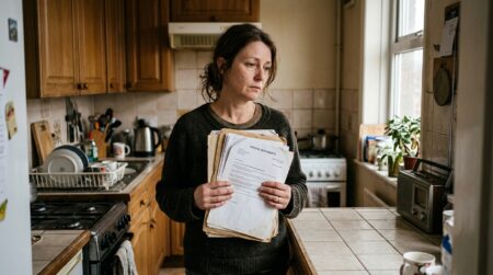 Femme tenant des documents dans un petit appartement