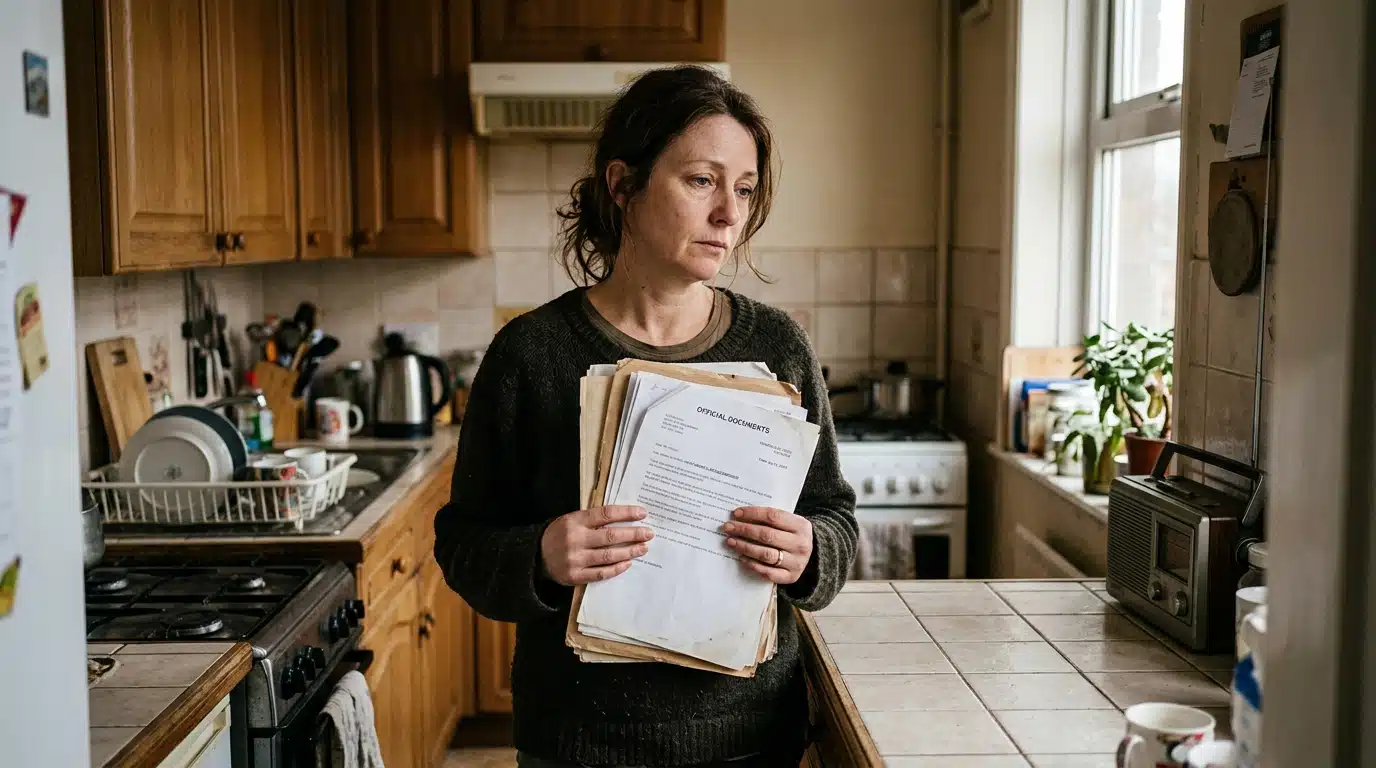 Femme tenant des documents dans un petit appartement
