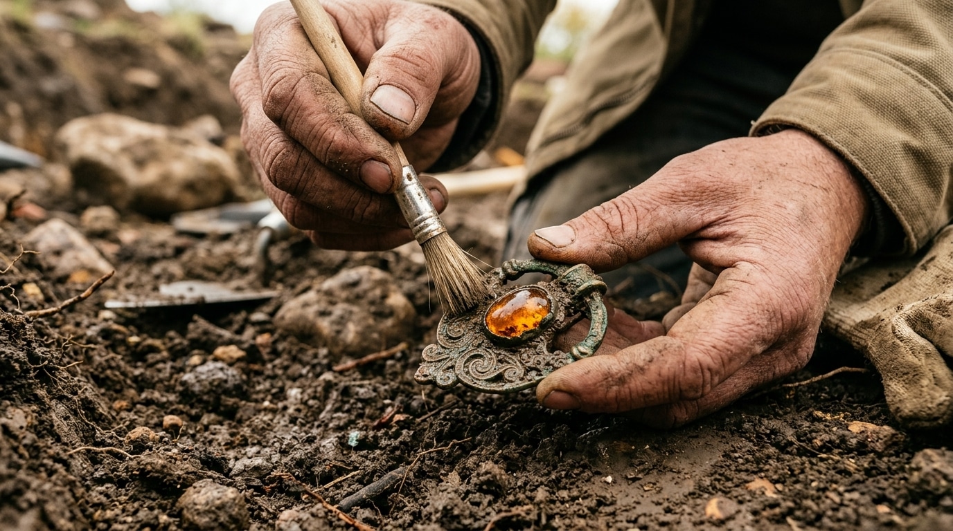 Fibule en ambre exhumée sur un site archéologique