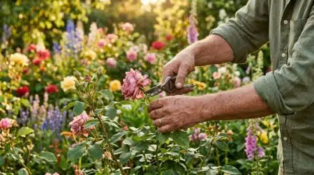 Mains taillant une rose fanée dans un jardin