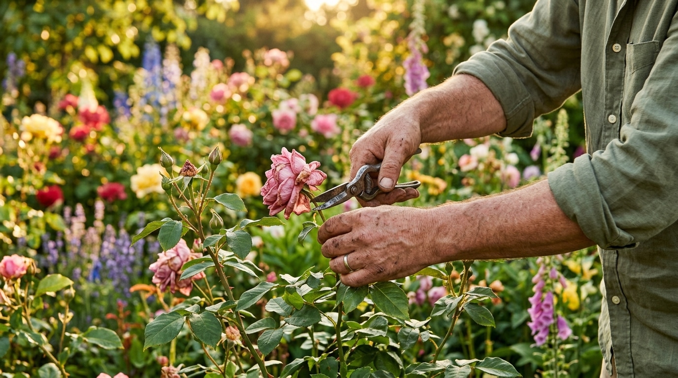 Mains taillant une rose fanée dans un jardin