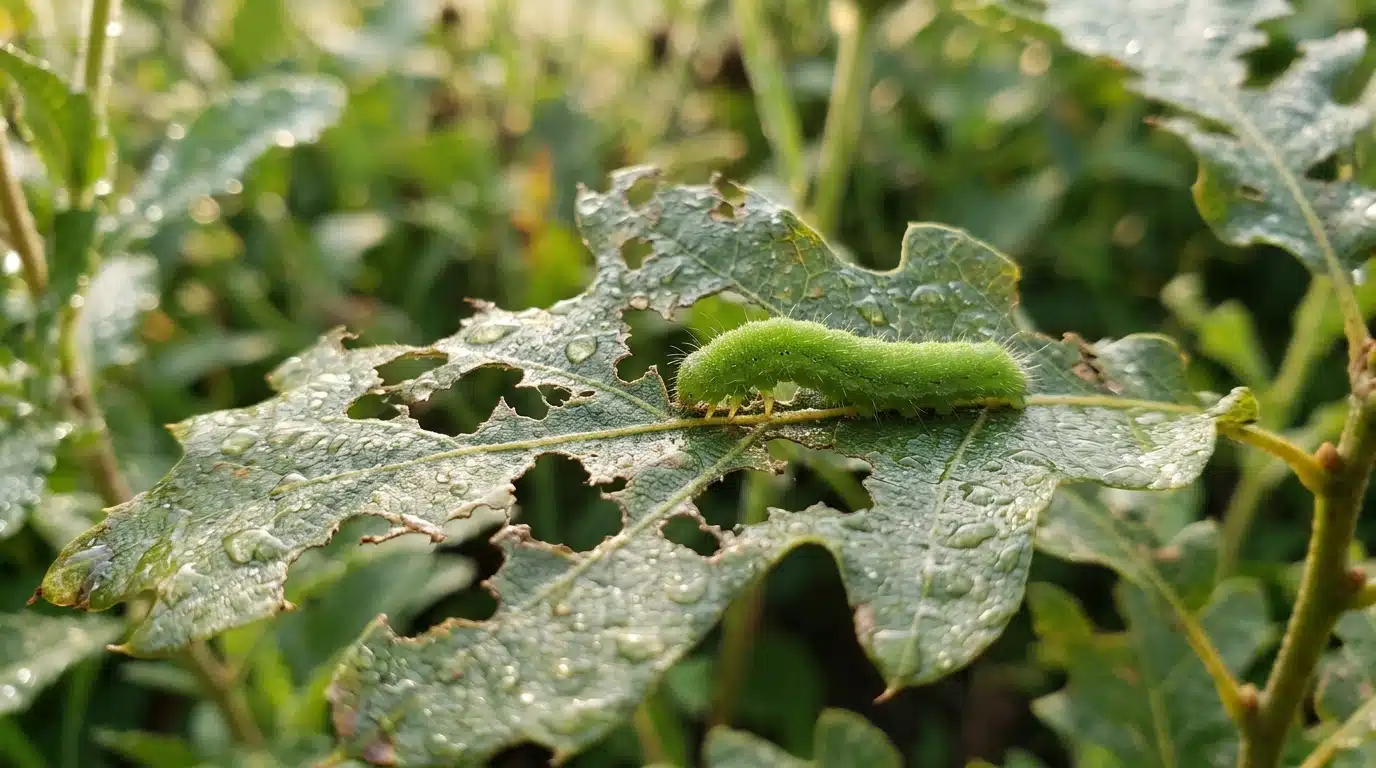 Chenille verte sur une feuille abîmée au jardin