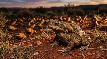 Crapaud buffle géant sur sol rouge australien au crépuscule