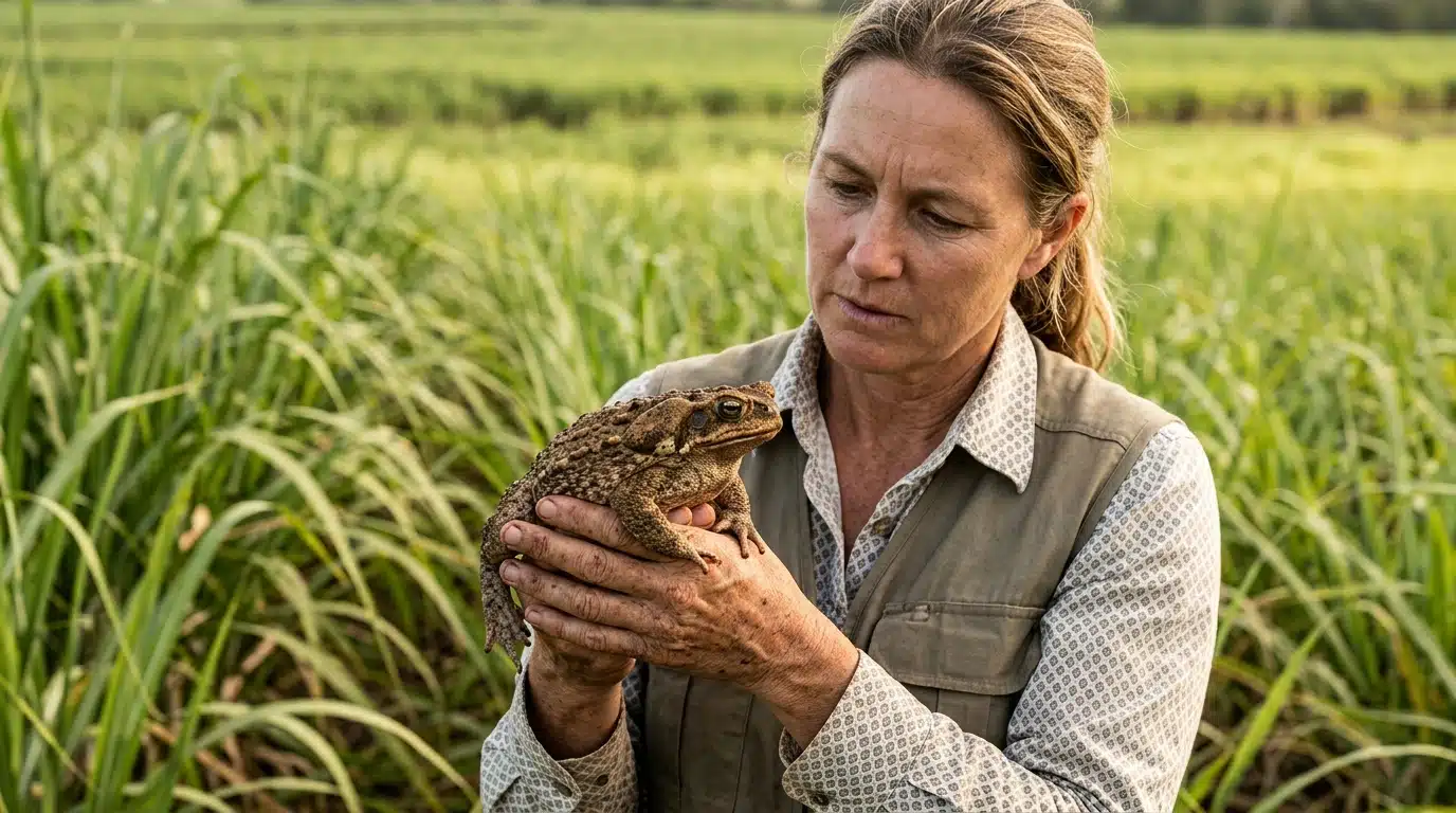 Chercheur examinant un crapaud buffle près de champs de canne