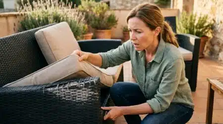 Femme surprise soulevant un coussin de salon de jardin