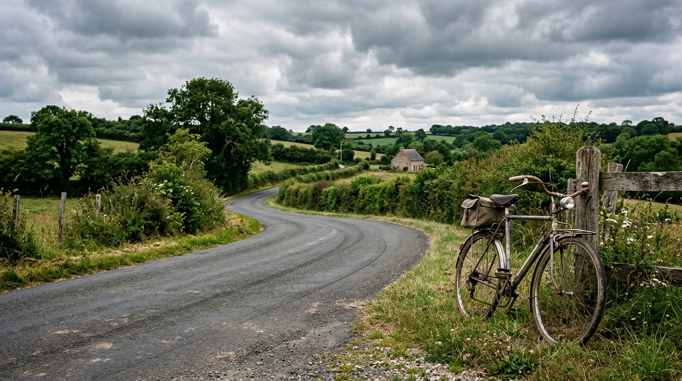 Route de campagne normande à la sortie d'un virage