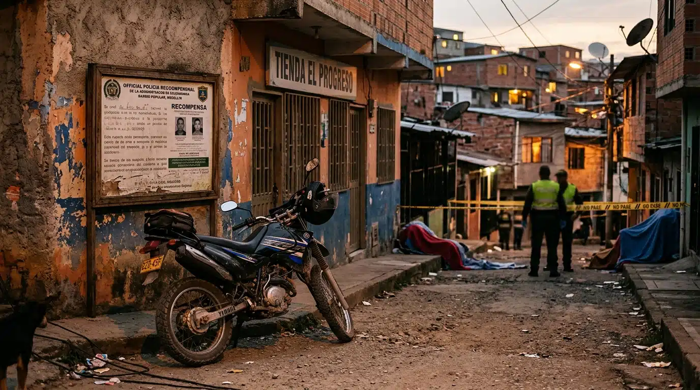 Moto garée dans une rue colombienne au crépuscule