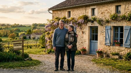 Couple devant une maison rurale à vendre en France