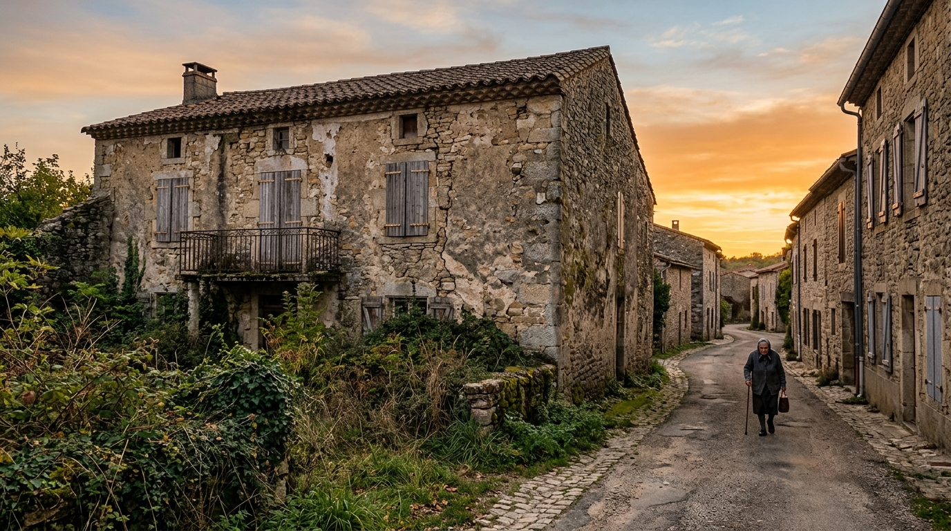 Ferme en pierre abandonnée dans un village rural dépeuplé