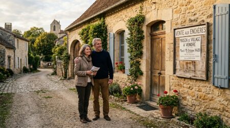 Couple devant une maison mise aux enchères