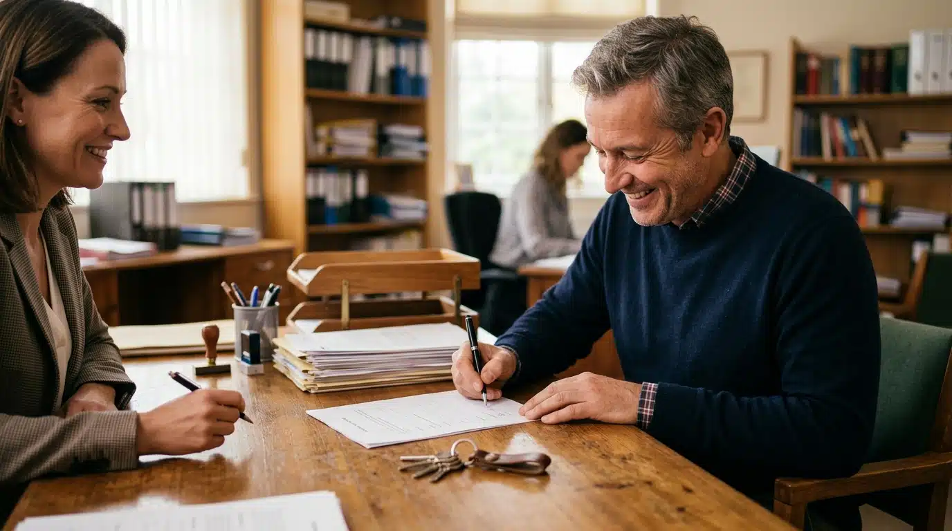 Signature finale chez le notaire après achat
