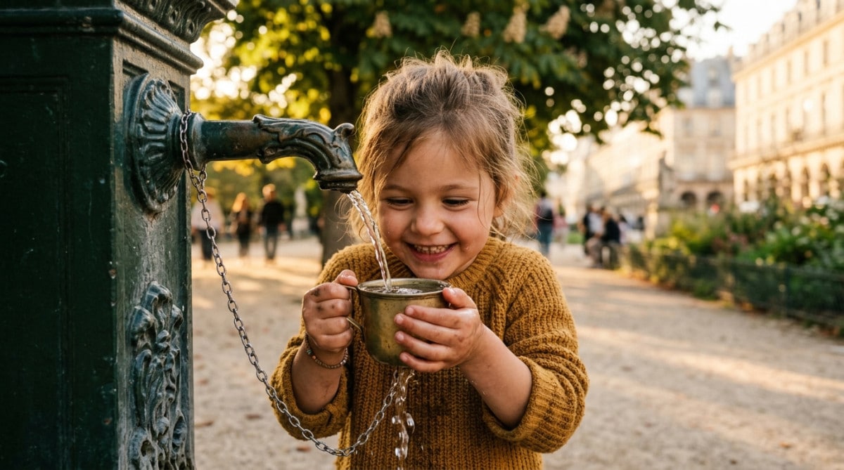 Enfant buvant à une fontaine Wallace avec gobelet ancien