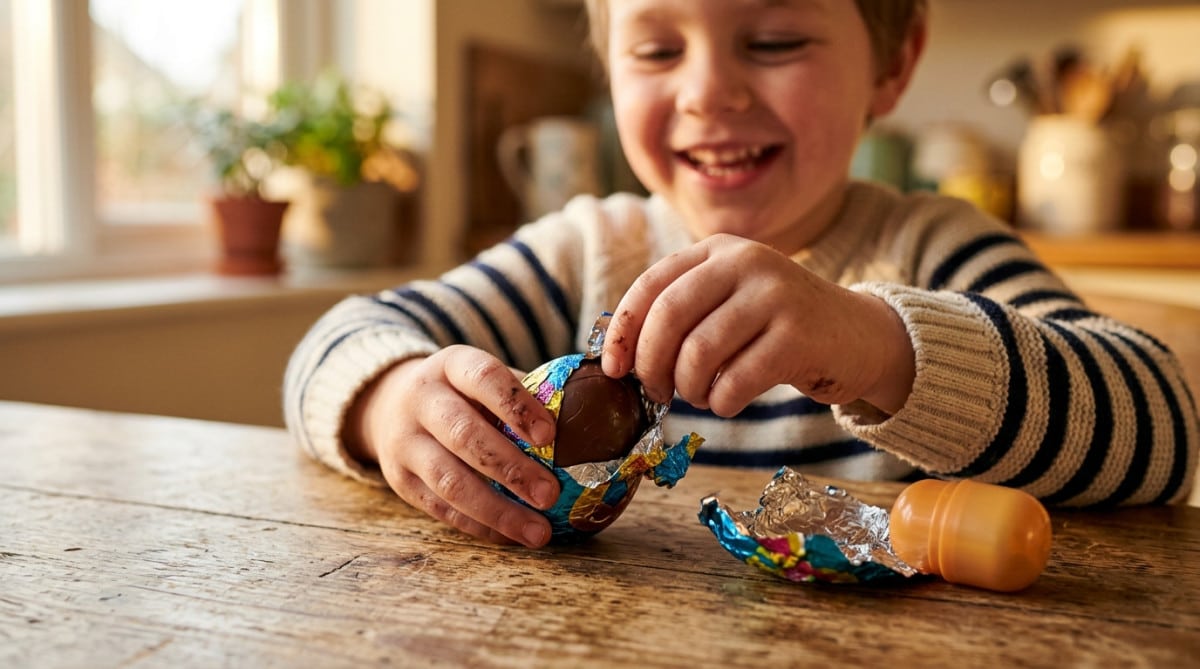 Enfant déballant un œuf en chocolat surprise à table