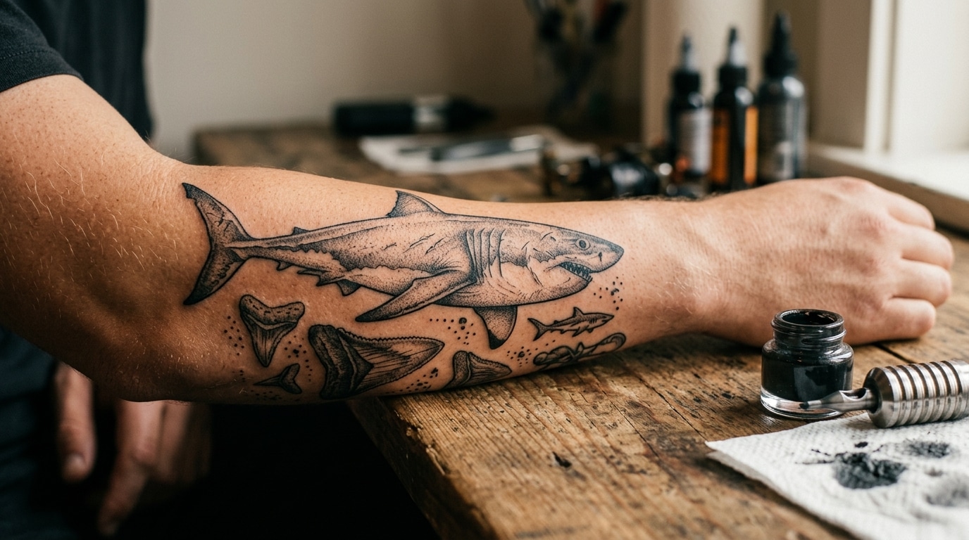 Gros plan sur un tatouage de requin blanc encre noire
