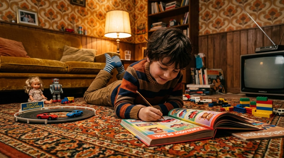 Enfant entourant des jouets dans un catalogue des années 80