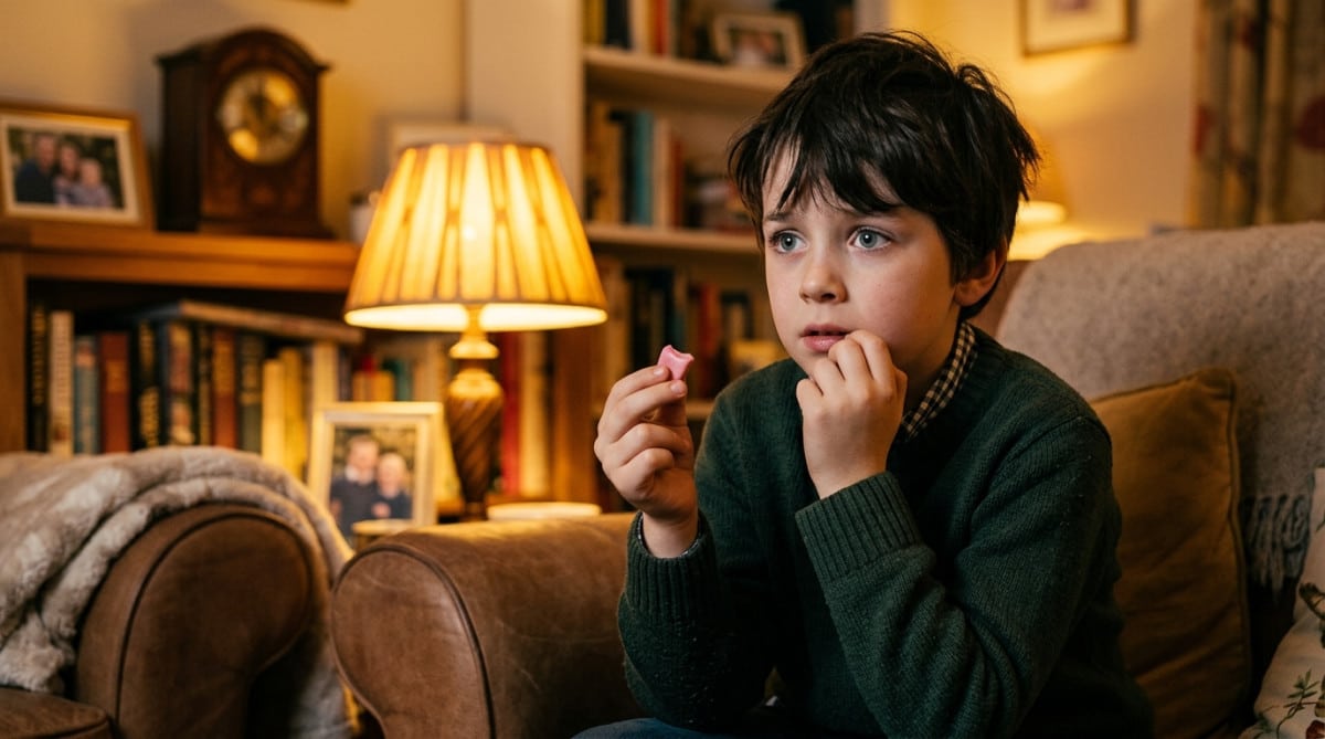 Enfant inquiet tenant un chewing-gum entre les doigts