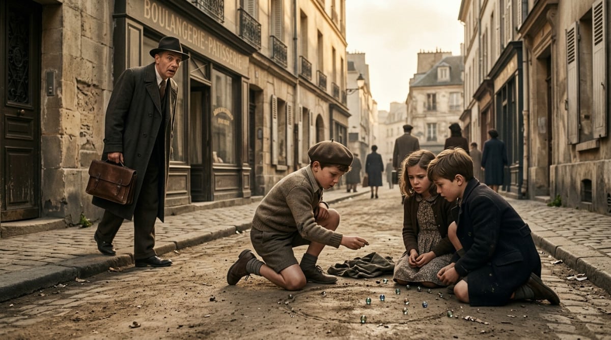 Enfants jouant aux billes dans une rue des années 1940