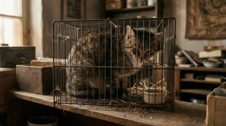 Chat tigré recroquevillé dans une cage à oiseaux