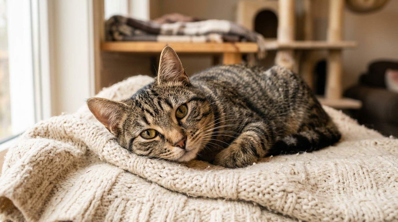 Chat tigré détendu et joueur après son sauvetage