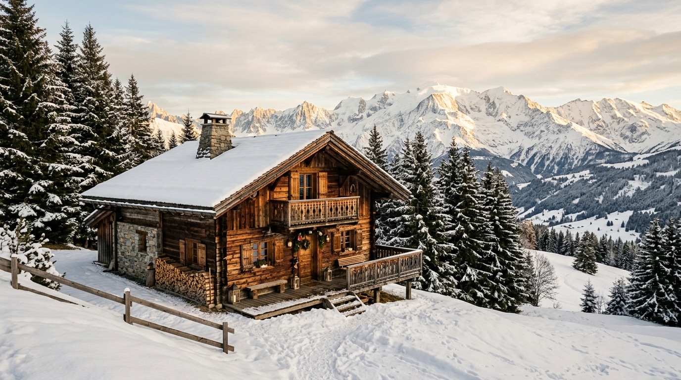 Chalet de montagne dans les Alpes françaises au coucher du soleil