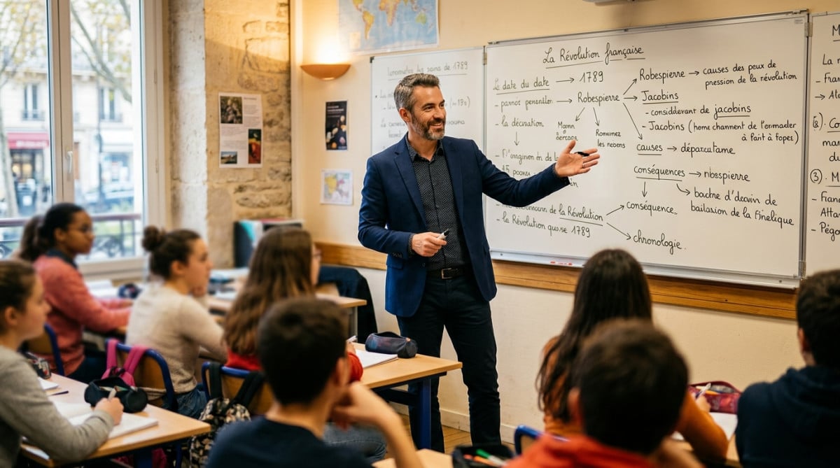 Enseignant devant sa classe en lumière dorée