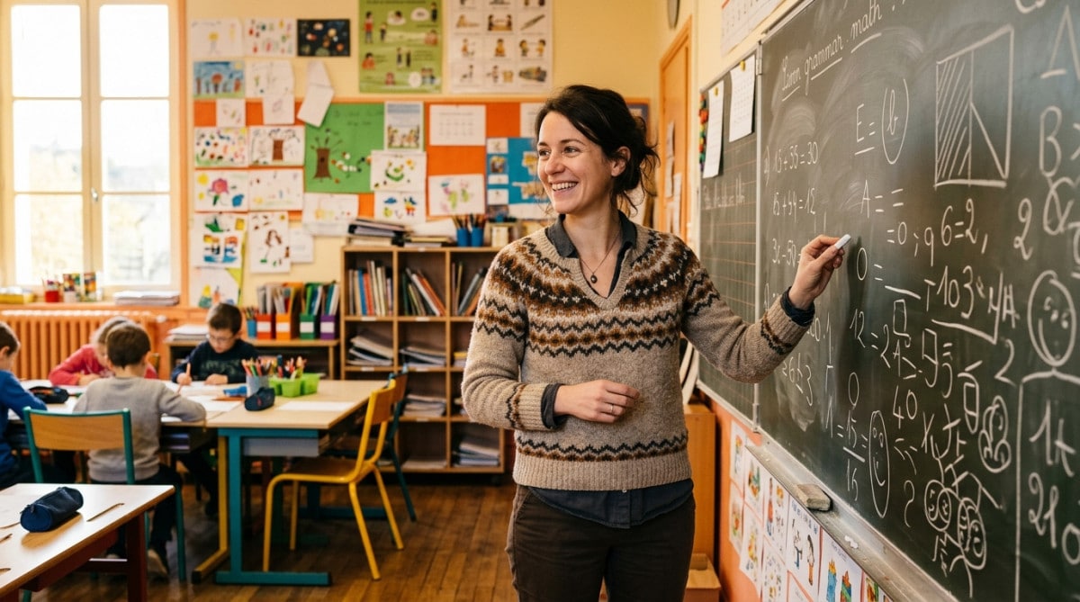 Enseignante française devant un tableau de classe