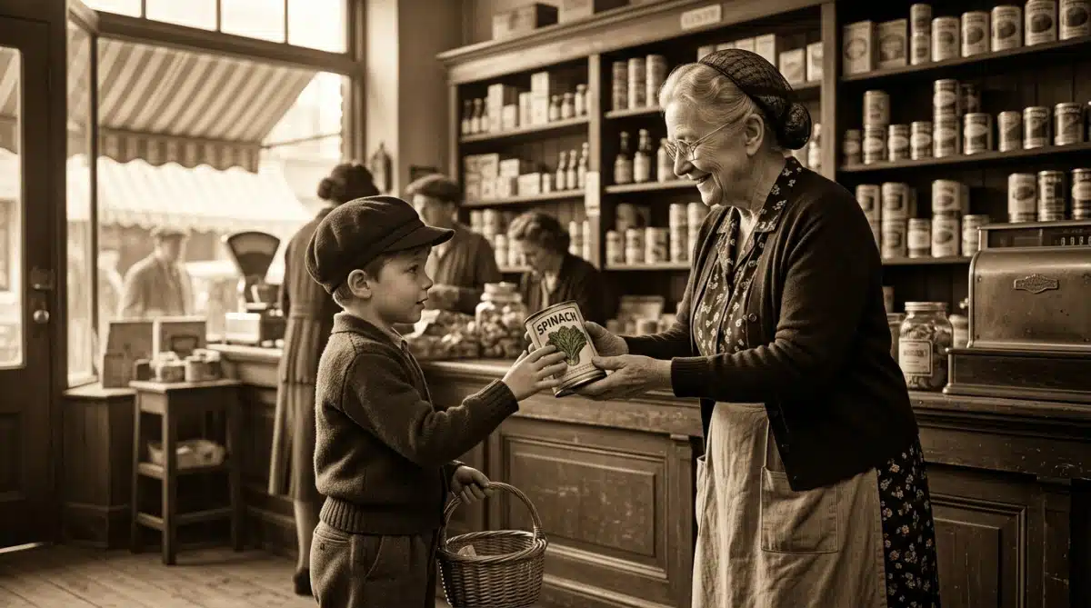 Épicerie vintage années 1930 avec boîte d'épinards
