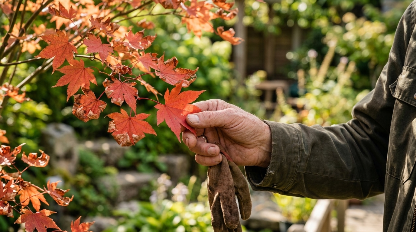 Feuilles rouges d'érable du Japon aux bords brunis