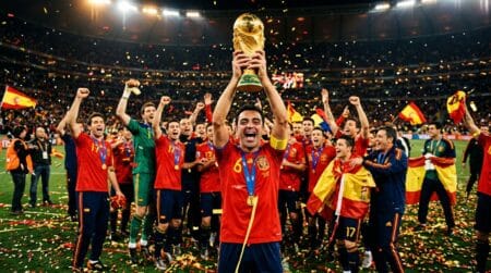 Joueur espagnol soulevant le trophée de la Coupe du monde
