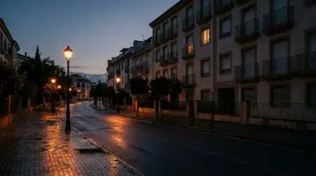 Rue résidentielle espagnole au petit matin, ambiance sombre