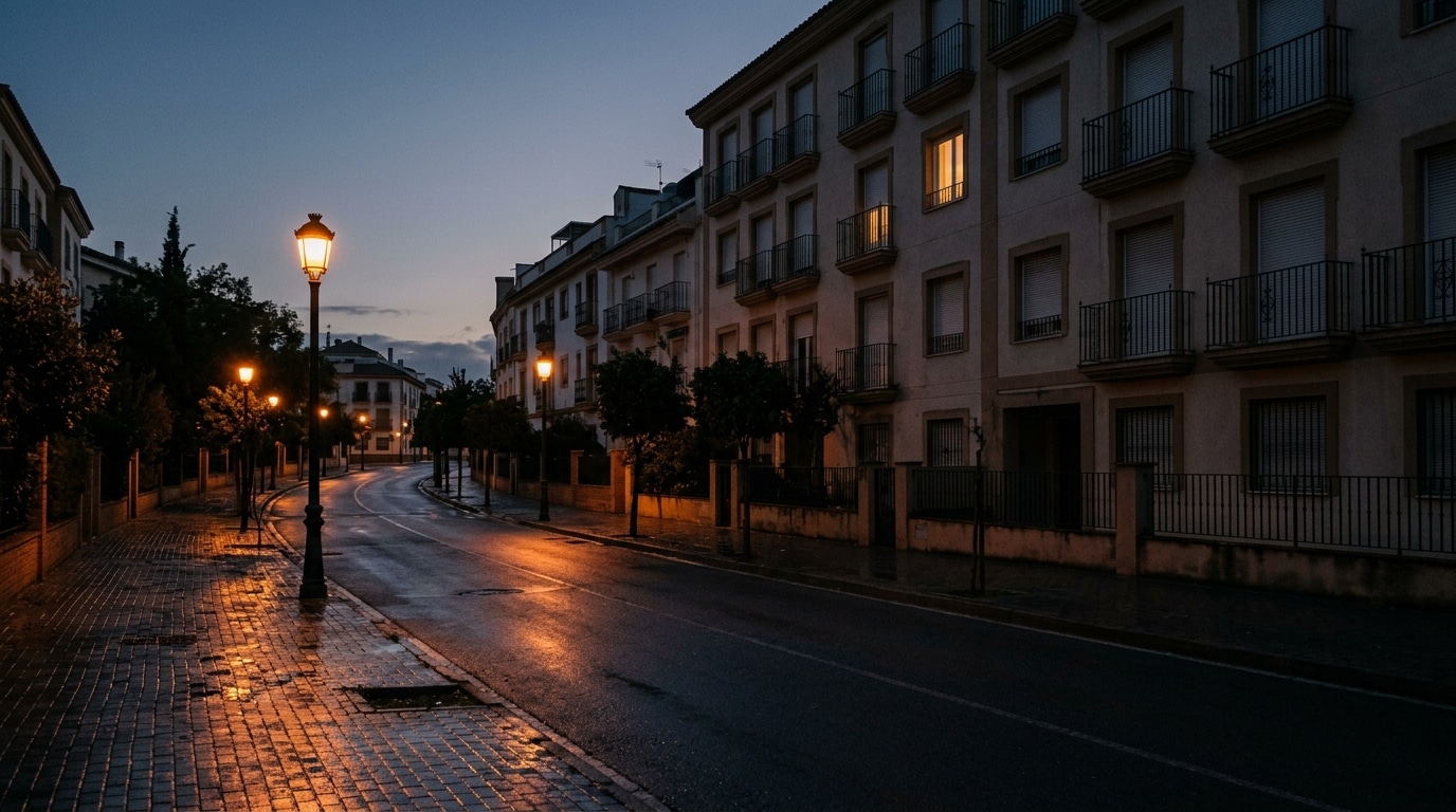 Rue résidentielle espagnole au petit matin, ambiance sombre