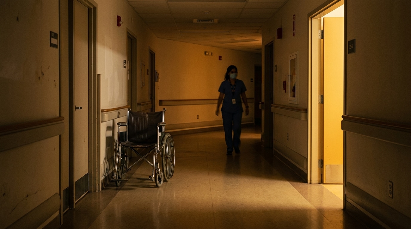 Couloir d'hôpital de nuit, atmosphère tendue et feutrée