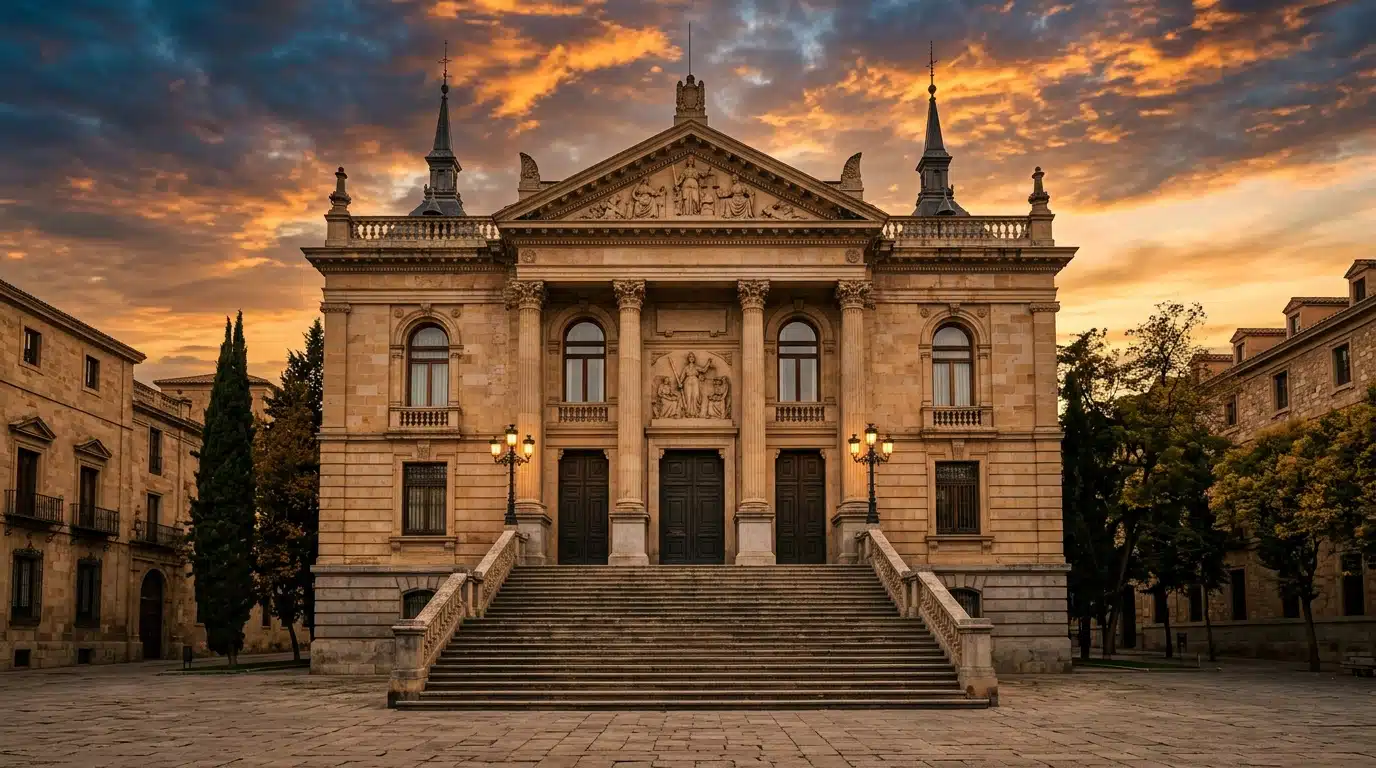 Palais de justice espagnol au coucher du soleil, façade dorée
