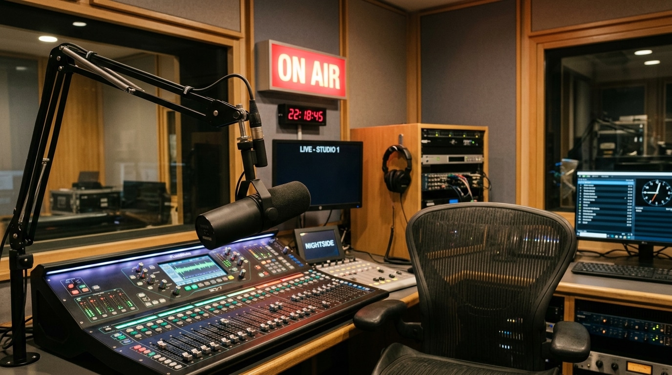 Studio de radio avec microphone au premier plan et témoin rouge allumé